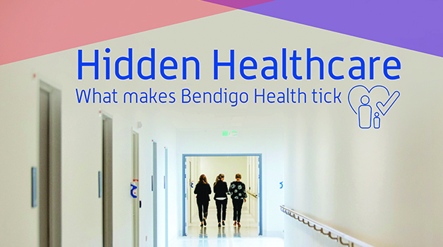 Hidden Health Care logo with staff walking down corridor